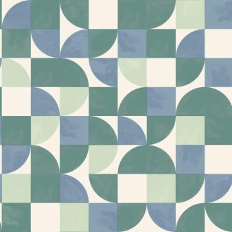   Vidám geometriai minta hangulatos tónusban retro érzettel krémfehér kék zöld és vízzöld tónus tapéta