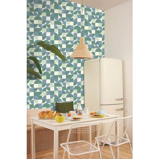 Vidám geometriai minta hangulatos tónusban retro érzettel krémfehér kék zöld és vízzöld tónus tapéta