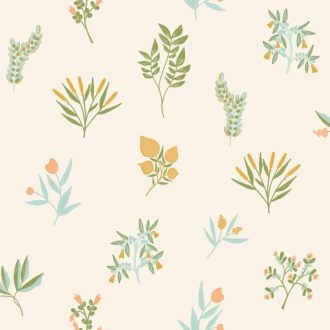   Herbárium! Botanikai motívum aromás fűszernövényekkel krém narancs zöld és vízkék tónus tapéta