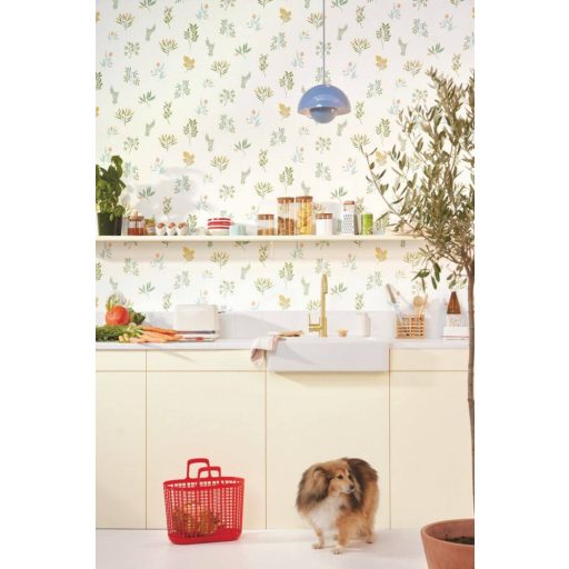 Herbárium! Botanikai motívum aromás fűszernövényekkel krém narancs zöld és vízkék tónus tapéta