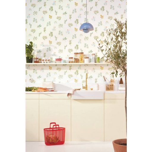 Herbárium! Botanikai motívum aromás fűszernövényekkel krém narancs zöld és vízkék tónus tapéta