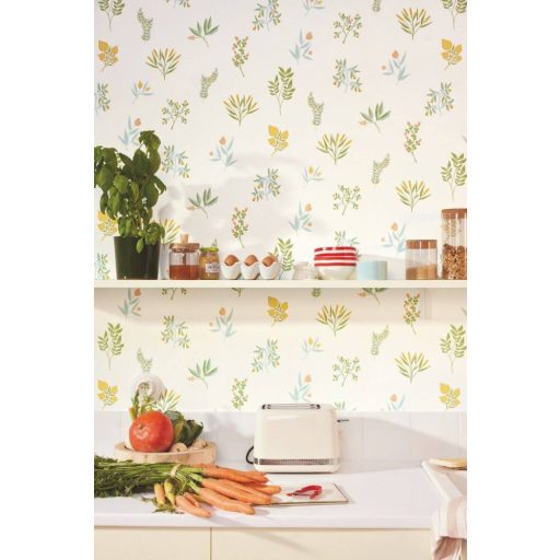 Herbárium! Botanikai motívum aromás fűszernövényekkel krém narancs zöld és vízkék tónus tapéta