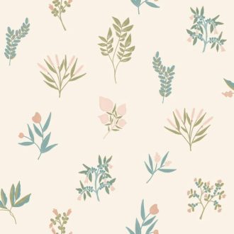   Herbárium! Botanikai motívum aromás fűszernövényekkel krém rózsaszín kék zöld és aranybarna tónus tapéta