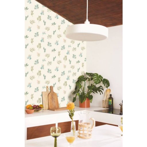 Herbárium! Botanikai motívum aromás fűszernövényekkel krém rózsaszín kék zöld és aranybarna tónus tapéta