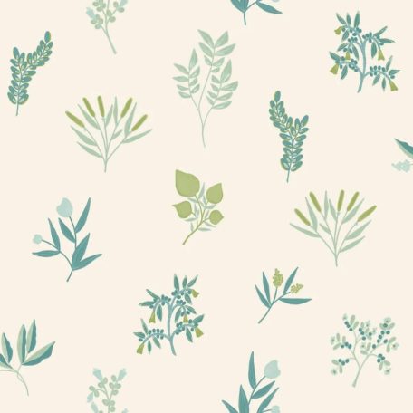 Herbárium! Botanikai motívum aromás fűszernövényekkel krém vízzöld zöld és kék tónus tapéta