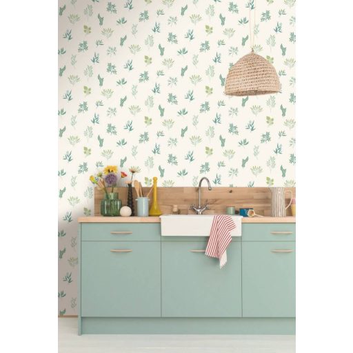 Herbárium! Botanikai motívum aromás fűszernövényekkel krém vízzöld zöld és kék tónus tapéta