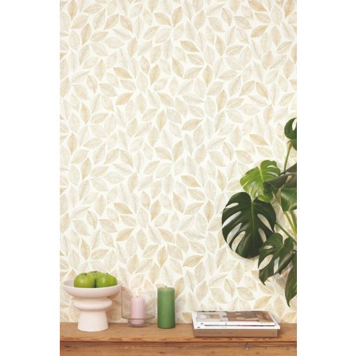 Valóságos növényi falfestmény vagy levélszőnyeg metszett minta fehér és arany/aranybarna tónus tapéta