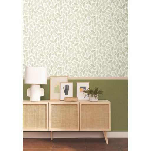 Valóságos növényi falfestmény vagy levélszőnyeg metszett minta fehér és mohazöld tónus tapéta