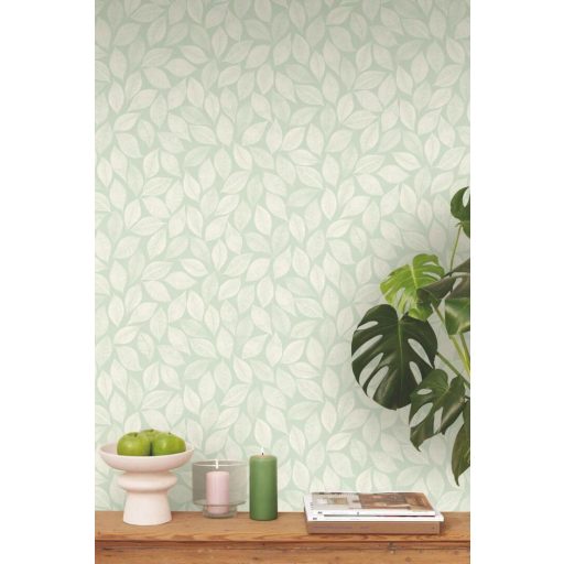 Valóságos növényi falfestmény vagy levélszőnyeg metszett minta vízzöld és fehér tónus tapéta