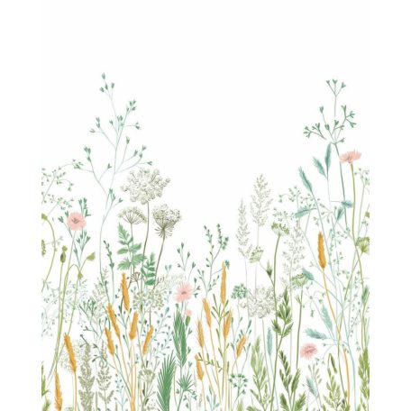 Nagyméretű növényi minta magas réti füvekkel virágokkal "M" méret fehér zöld sárga rózsaszín sokszínű falpanel
