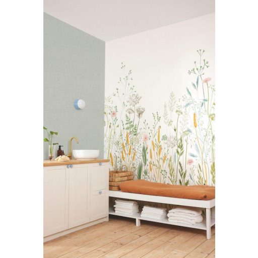 Nagyméretű növényi minta magas réti füvekkel virágokkal "M" méret fehér zöld sárga rózsaszín sokszínű falpanel
