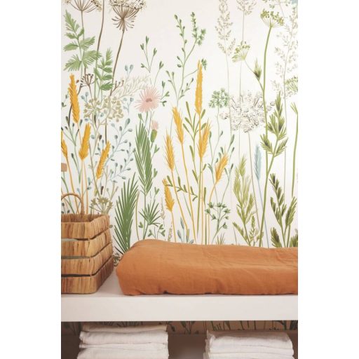 Nagyméretű növényi minta magas réti füvekkel virágokkal "L" méret fehér zöld sárga rózsaszín sokszínű falpanel