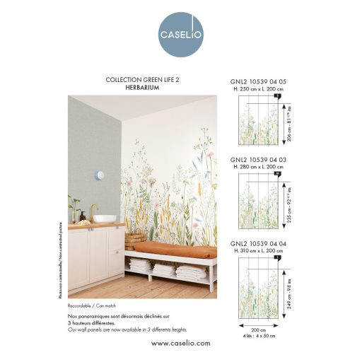 Nagyméretű növényi minta magas réti füvekkel virágokkal "S" méret fehér zöld sárga rózsaszín sokszínű falpanel