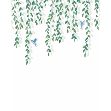 Kolibrik röppenésével díszített leveles indák motívuma "L" méret fehér zöld világos szürkészöld és kék tónus falpanel