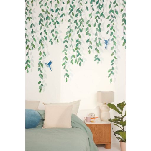 Kolibrik röppenésével díszített leveles indák motívuma "L" méret fehér zöld világos szürkészöld és kék tónus falpanel