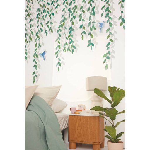 Kolibrik röppenésével díszített leveles indák motívuma "L" méret fehér zöld világos szürkészöld és kék tónus falpanel