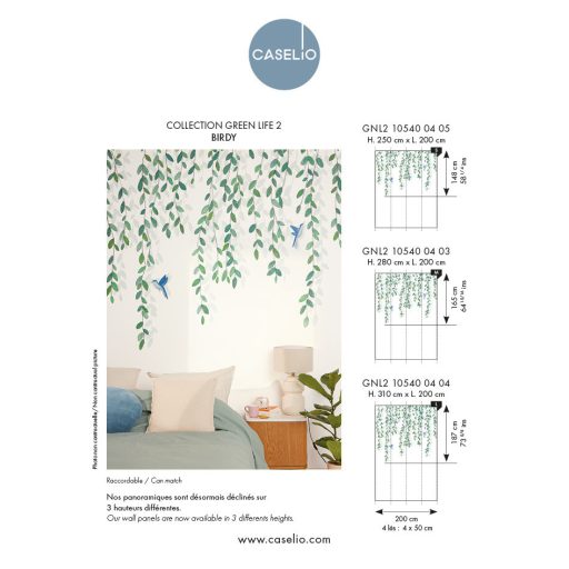 Kolibrik röppenésével díszített leveles indák motívuma "M" méret fehér zöld világos szürkészöld és kék tónus falpanel