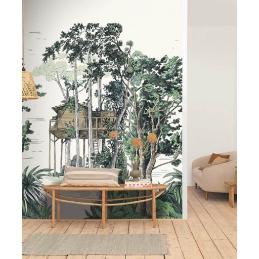 Dús növényzet közt rejtőző erdei faház természeti kép "L" méret fehér zöld fekete és barna tónus falpanel