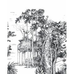   Dús növényzet közt rejtőző erdei faház természeti kép "L" méret monokróm - fehér és fekete tónus falpanel