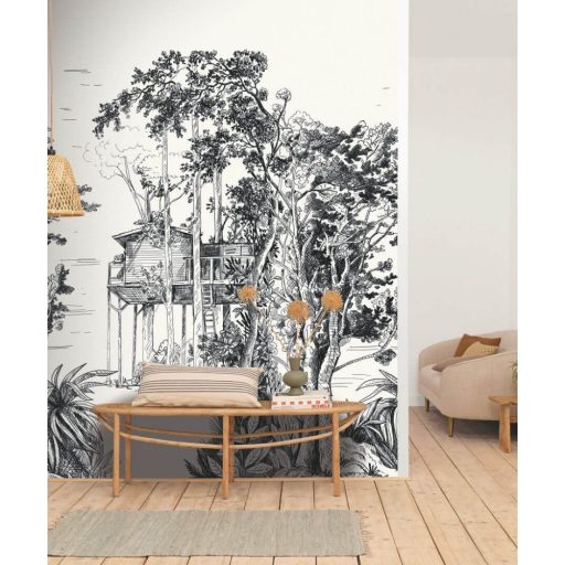 Dús növényzet közt rejtőző erdei faház természeti kép "L" méret monokróm - fehér és fekete tónus falpanel