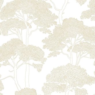   Mediterrán fenyőerdő újragondolt stilizált grafikus megjelenítésben krémfehér és arany tónus finom mintafény tapéta