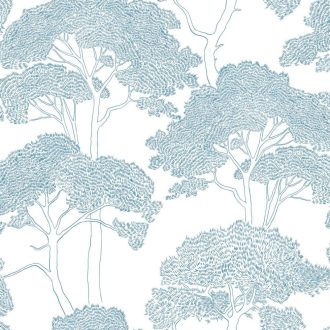   Mediterrán fenyőerdő újragondolt stilizált grafikus megjelenítésben fehér és azúrkék tónus finom mintafény tapéta