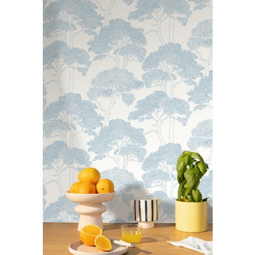 Mediterrán fenyőerdő újragondolt stilizált grafikus megjelenítésben fehér és azúrkék tónus finom mintafény tapéta