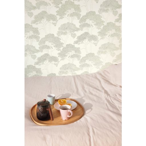 Mediterrán fenyőerdő újragondolt stilizált grafikus megjelenítésben fehér barna és khakizöld tónus finom mintafény tapéta