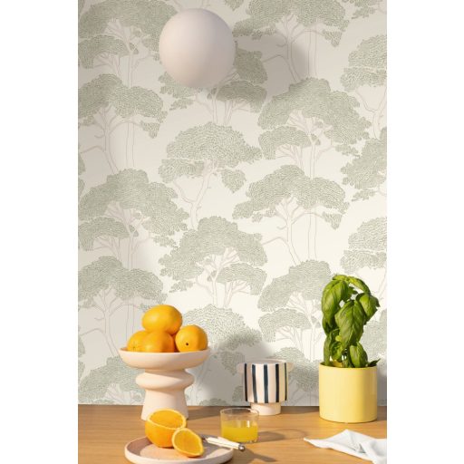 Mediterrán fenyőerdő újragondolt stilizált grafikus megjelenítésben fehér barna és khakizöld tónus finom mintafény tapéta