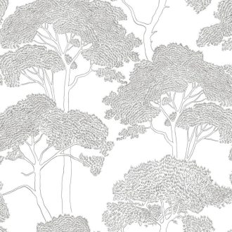   Mediterrán fenyőerdő újragondolt stilizált grafikus megjelenítésben fehér és tusfekete tónus finom mintafény tapéta