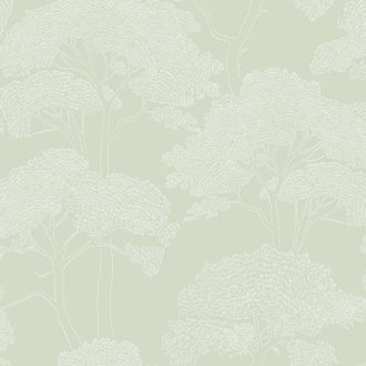   Mediterrán fenyőerdő újragondolt stilizált grafikus megjelenítésben világoszöld és törtfehér tónus finom mintafény tapéta