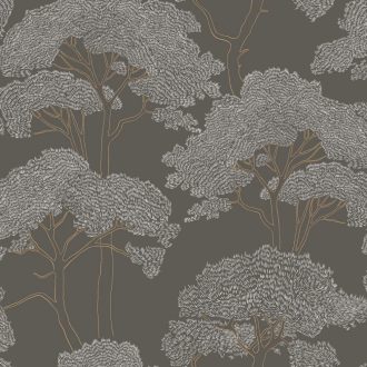   Mediterrán fenyőerdő újragondolt stilizált grafikus megjelenítésben fekete törtfehér és arany tónus finom mintafény tapéta