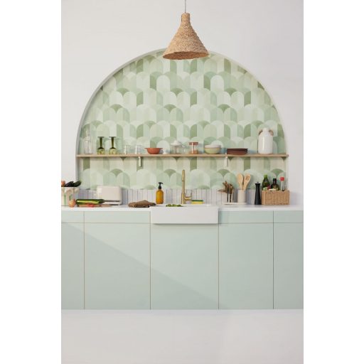 Mediterrán csempékre emlékeztető geometrikus minta fehér zöld és mohazöld tónus tapéta