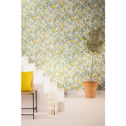 Citromfák a délszaki napfényben - Vitamindús nővényi minta fehér khakizöld és világító sárga tónus tapéta