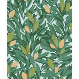   Citromfák a délszaki napfényben - Vitamindús nővényi minta világoskék zöld mohazöld és narancs tónus tapéta