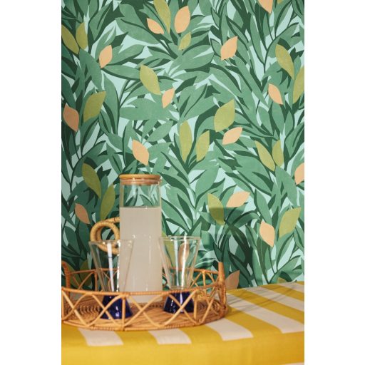 Citromfák a délszaki napfényben - Vitamindús nővényi minta világoskék zöld mohazöld és narancs tónus tapéta