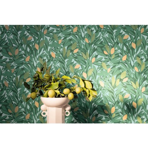 Citromfák a délszaki napfényben - Vitamindús nővényi minta világoskék zöld mohazöld és narancs tónus tapéta
