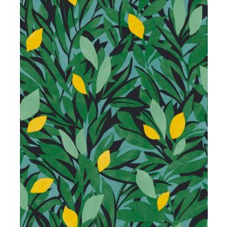   Citromfák a délszaki napfényben - Vitamindús nővényi minta kék levélzöld fekete és világító sárga tónus tapéta