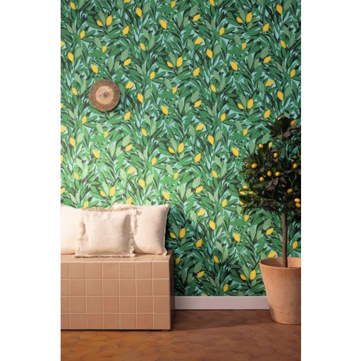 Citromfák a délszaki napfényben - Vitamindús nővényi minta kék levélzöld fekete és világító sárga tónus tapéta