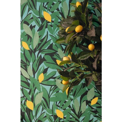 Citromfák a délszaki napfényben - Vitamindús nővényi minta kék levélzöld fekete és világító sárga tónus tapéta