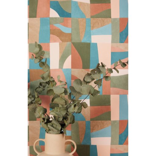 Dél-Franciaország íze! Absztrakt geometriai design vagy kortárs mozaik zöld terrakotta és sokszínű tónus tapéta