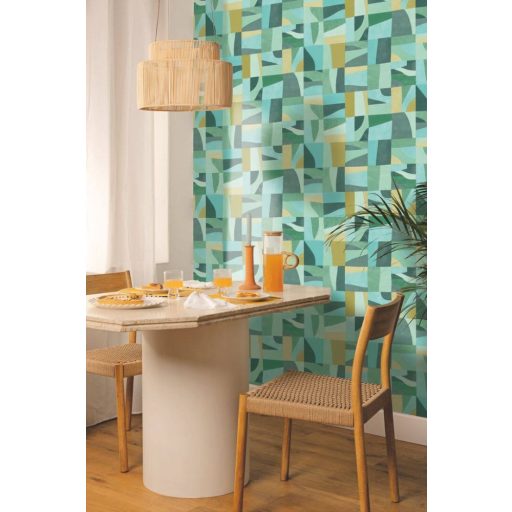 Dél-Franciaország íze! Absztrakt geometriai design vagy kortárs mozaik zöld óceánkék és sokszínű tónus tapéta