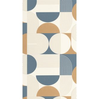   Retro hatású lekerekített mértani elemek finom vonalak grafikus mintája fehér kék bézsarany és teveszőrbarna tónus tapéta