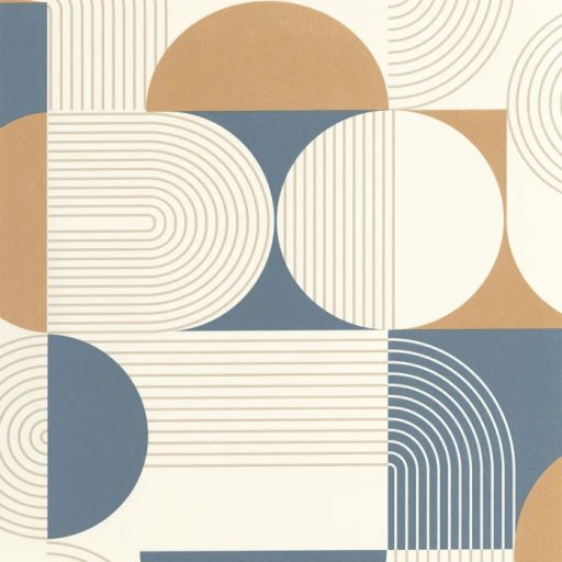 Retro hatású lekerekített mértani elemek finom vonalak grafikus mintája fehér kék bézsarany és teveszőrbarna tónus tapéta