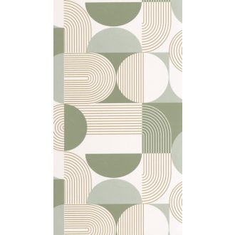   Retro hatású lekerekített mértani elemek finom vonalak grafikus mintája fehér vízzöld arany és zöld tónus tapéta