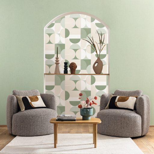 Retro hatású lekerekített mértani elemek finom vonalak grafikus mintája fehér vízzöld arany és zöld tónus tapéta