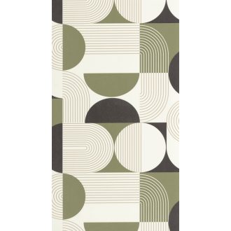   Retro hatású lekerekített mértani elemek finom vonalak grafikus mintája fehér khakizöld antracit és bézs/bézsarany tónus tapéta