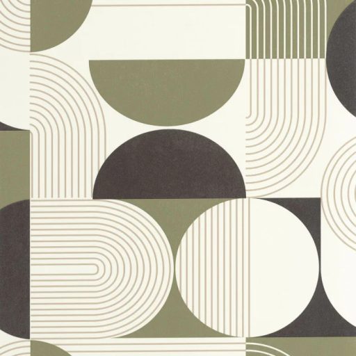 Retro hatású lekerekített mértani elemek finom vonalak grafikus mintája fehér khakizöld antracit és bézs/bézsarany tónus tapéta
