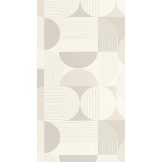   Retro hatású lekerekített mértani elemek finom vonalak grafikus mintája törtfehér egérszürke és bézs/szürkésbézs tónus tapéta