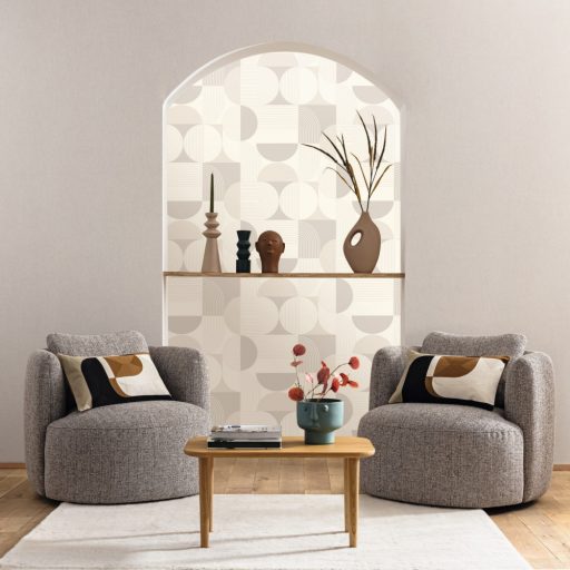 Retro hatású lekerekített mértani elemek finom vonalak grafikus mintája törtfehér egérszürke és bézs/szürkésbézs tónus tapéta